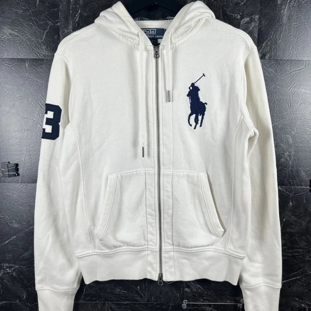 Polo Ralph Lauren Men's White Vtg Big Pony Plaid Zip Hoodie Small
